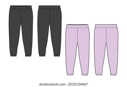 Senhoras e crianças Basic Fleece Sweat Pant moda plana esboço vetor Ilustração modelo frente e vista traseira. Desenho técnico vestido vestido design Jogger calça mock up.
