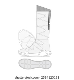 Ladies knee high shoes technical flat drawing vector mockup template.