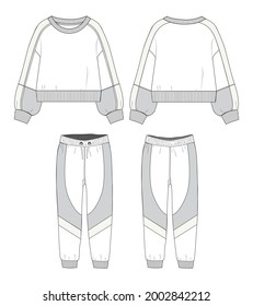 Ladies Long Sleeve Sweatshirt and jogger fashion technical sketch vector template isolated on white background Front and back view.