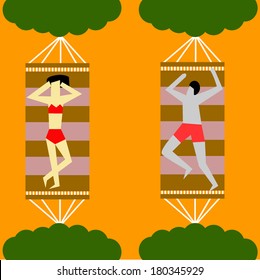 Ladies and men lying in a hammock on the beach in the summer.