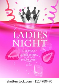 Ladies night cocktail party invitation pink card with straws and ice cubes and crown in a cocktail. Vector illustration