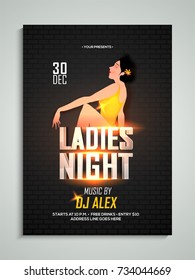 Ladies night flyer or banner design with young female lady in shiny golden outfits.