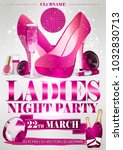 ladies night flyer pink party with stars, confetti, women shoes, speakers, lipstick, nail polish, headphones, champagne, cosmetics 