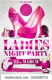 Ladies Night Flyer Pink Party With Stars, Confetti, Women Shoes, Speakers, Lipstick, Nail Polish, Headphones, Champagne, Cosmetics 