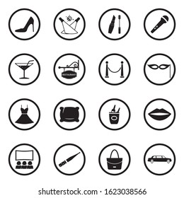 Ladies Night Icons. Black Flat Design In Circle. Vector Illustration.