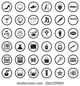 Ladies Night Icons. Black Flat Design In Circle. Vector Illustration.
