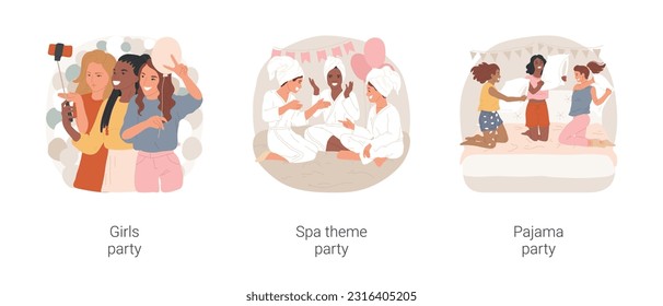 Ladies night isolated cartoon vector illustration set. Teenage girls making selfie, spa theme party, making cosmetic procedures, teens having fun in pajamas, pillow fight, celebrate vector cartoon.