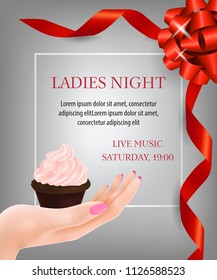 Ladies night lettering with ribbons and dessert. Party invitation design. Typed text, calligraphy. For leaflets, brochures, invitations, posters or banners.