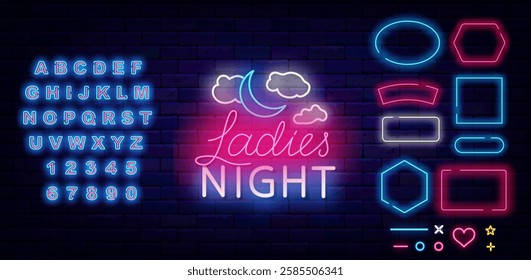 Ladies night neon label. Crescent moon with clouds. Girls only. Free enter for female. Vector stock illustration