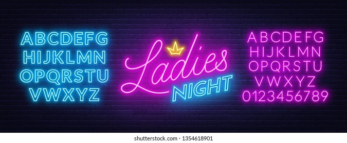 Ladies Night neon lettering on brick wall background.