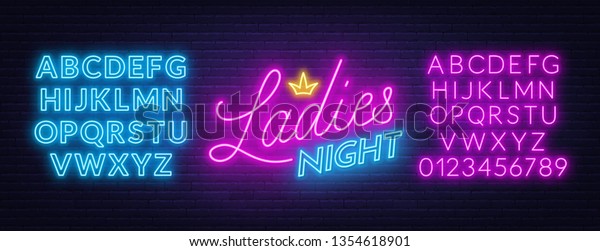Ladies\
Night neon lettering on brick wall\
background.