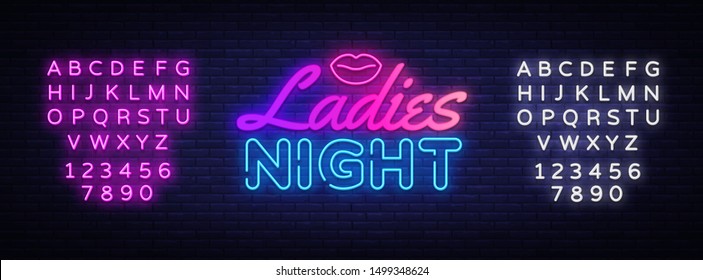 Ladies Night neon sign vector. Night Party Design template poster neon sign, light banner, nightly bright advertising, light inscription. Vector illustration