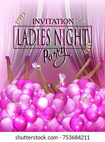 Ladies night party banner with lady's legs protruding from air balloons. Vector illustration