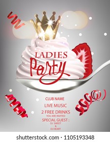 Ladies night party invitation card with princess crown in a cream and strawberry. Vector illustration