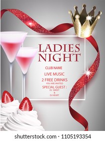 Ladies night party invitation card with princess crown, ribbons, glasses, strawberry in a cream. Vector illustration