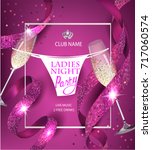 Ladies night party invitation pink card with sparkling ribbons, glasses of champagne and panty. Vector illustration