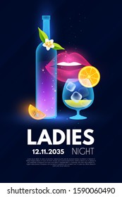 Ladies Night party poster template. Bar menu shining design.