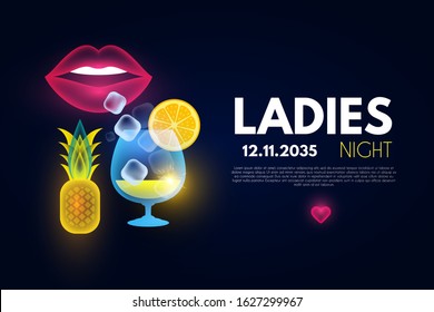 Ladies Night party poster template. Bar menu shining design.