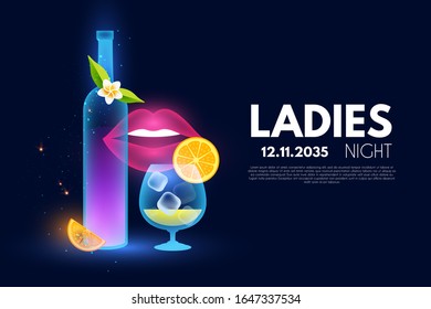 Ladies Night party poster template. Bar menu shining design.