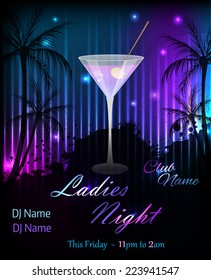 Ladies night or party poster template with glass of pink martini
