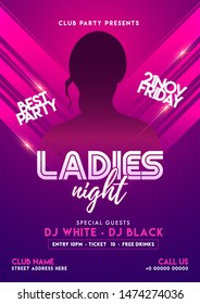 Ladies Night Party Template Or Flyer Design With Silhouette Of Woman And Event Details On Purple Background.