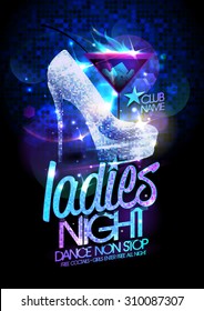 Ladies night vector poster illustration with high heeled diamond crystals shoes and burning cocktail.