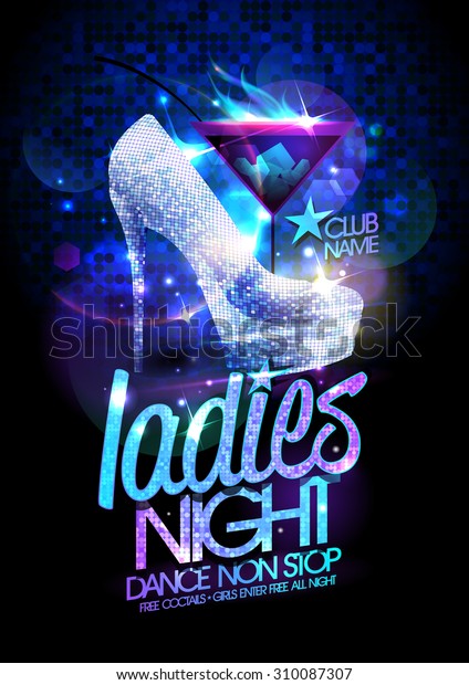 Ladies night vector poster\
illustration with high heeled diamond crystals shoes and burning\
cocktail.