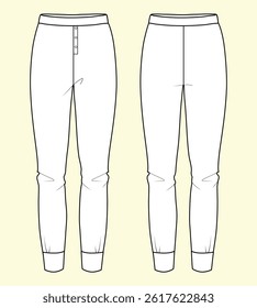 Ladies nightwear cuff jogger technical drawing fashion flat sketch vector illustration template front and back views outline CAD mockup