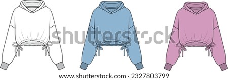 Ladies off shoulder hoodie Sweatshirt Long sleeve with drawstring adjustable hem hem Fashion Flat Sketch technical drawing template colorful design vector, white sweatshirt, blue sweatshirt and pink