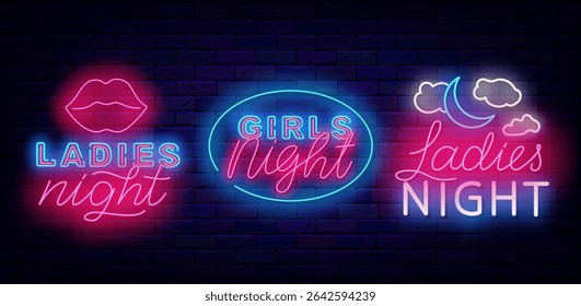 Ladies only neon badges collection. Girls night. Woman kissing lips and moon. Free enter for female. Vector stock illustration