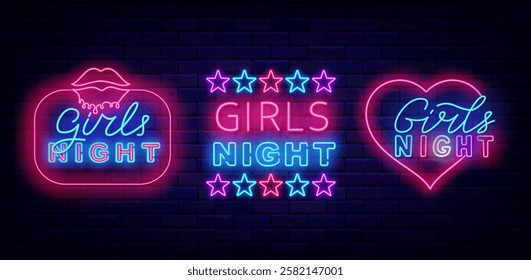 Ladies only neon emblems collection. Girls night signs. Free enter for female. Vector stock illustration