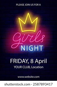 Ladies only neon label with crown. Girls night vertical template flyer. Free enter for female. Vector stock illustration