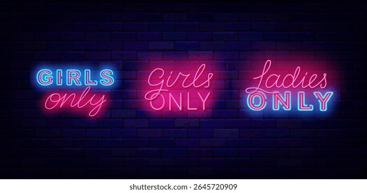 Ladies only neon signboards collection. Girls night. Free enter for female. Vector stock illustration