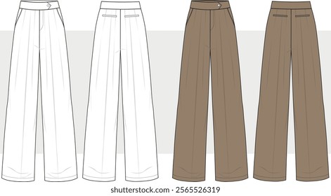 Ladies Palazzo Pant Flat Drawing Illustrator Technical Vector. Women wide leg pants with pleated, front and back view, . CAD Mockup.