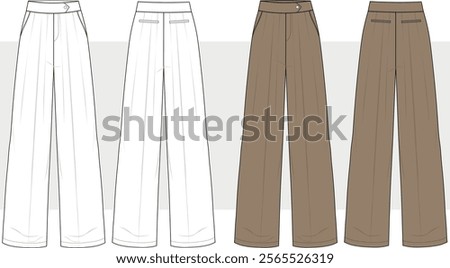 Ladies Palazzo Pant Flat Drawing Illustrator Technical Vector. Women wide leg pants with pleated, front and back view, . CAD Mockup.