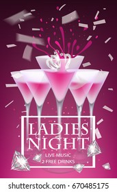 Ladies party banner with confetti, diamonds and glasses with cocktail. Vector illustration