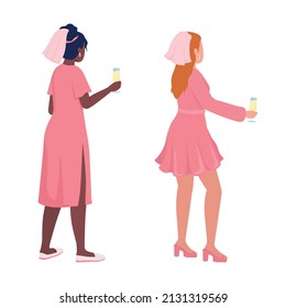 Ladies in pink semi flat color vector characters set. Standing figures. Full body people on white. Festive celebration simple cartoon style illustration for web graphic design and animation pack