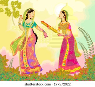 Ladies playing Holi in Indian art style