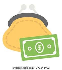 A ladies purse or pouch and dollar cash showing savings, flat vector icon