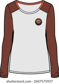 Ladies Reglan T shirt full sleeve. woven badge at front. contrast panel at neck rib.