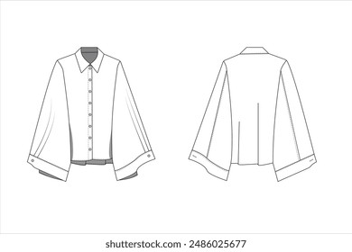 Ladies Shirt Front and Back view. This chic ladies' shirt features elegant, statement sleeves with a unique drape and tailored fit, perfect for a sophisticated look.