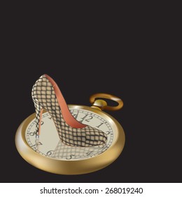 Ladies shoes with old clock - vector illustration.