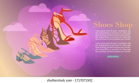 Ladies shoes shop with high heel woman shoes vector illustration. Store shop with boots variety and poster for lady fashion customer.