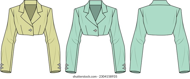 Ladies Short Blazer front and back flat sketch technical drawing vector illustration template