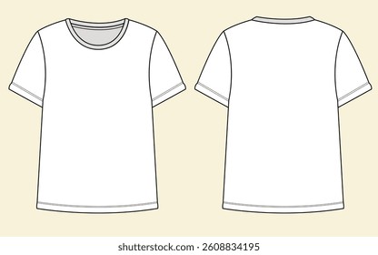 Ladies Short sleeve with crew neck black and white fashion flat sketch outline cad mockup template
