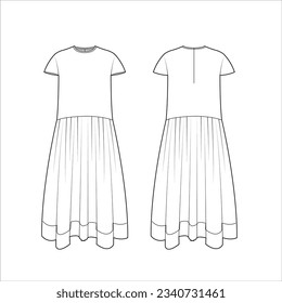 Ladies Short Sleeve Long Dress Vector Template