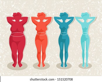 Ladies silhouettes with different body mass. Women with different body mass index