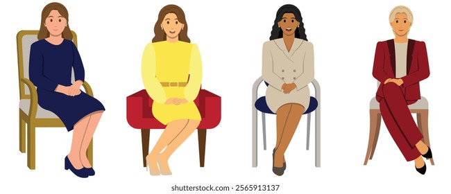 Ladies sitting with etiquette manner illustration set.