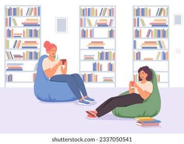 Ladies sitting in library, holding cup of tea and drinking. Friendly students studying, reading books, talking in library. Vector flat illustration in cartoon style