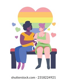 Ladies sitting outside, looking at each other, holding cup of coffee and talking. Bright personalities spend time together. LGBT community concept. Vector flat illustration